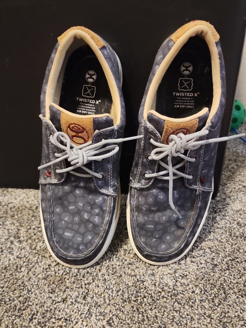 Twisted X Navy Patterned Canvas Boat Shoes with Tan Accents